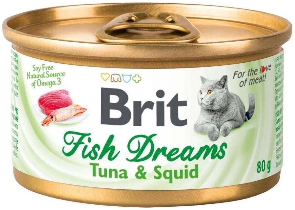 Влажный корм для кошек Brit Fish Dreams, с тунцом, с кальмаром 80 г (кусочки в соусе)