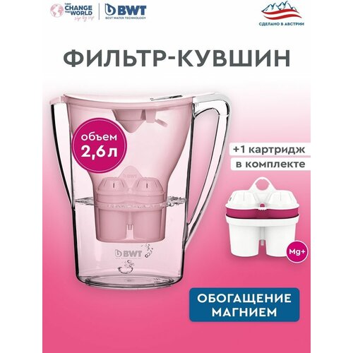 Фильтр для воды кувшин BWT Penguin/Aqualizer Home розовый, с механическим датчиком c 1 картриджем Magnesium Mineralized Water; минерализация Магнием