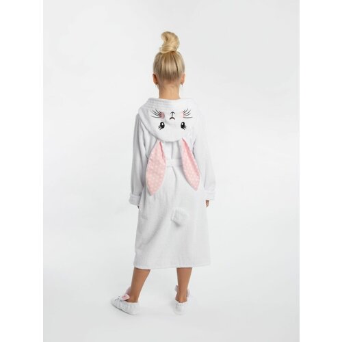 Халат Fluffy Bunny, длинный рукав, пояс/ремень, манжеты, карманы, капюшон, размер 98-104, белый