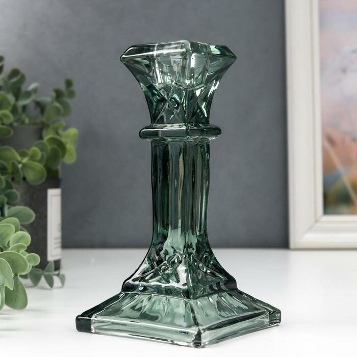 Подсвечник стекло на 1 свечу "Колонна прямоугольная" зеленый прозрачный 16х8,6х8,6 см - фотография № 4