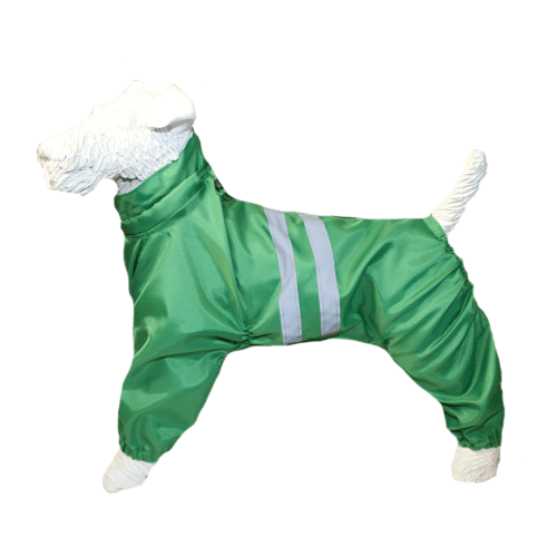 Комбинезон-дождевик для ЧАУ-ЧАУ суки с укороченными лапами, со светоотражающими полосами, цвет зеленый собака артошка