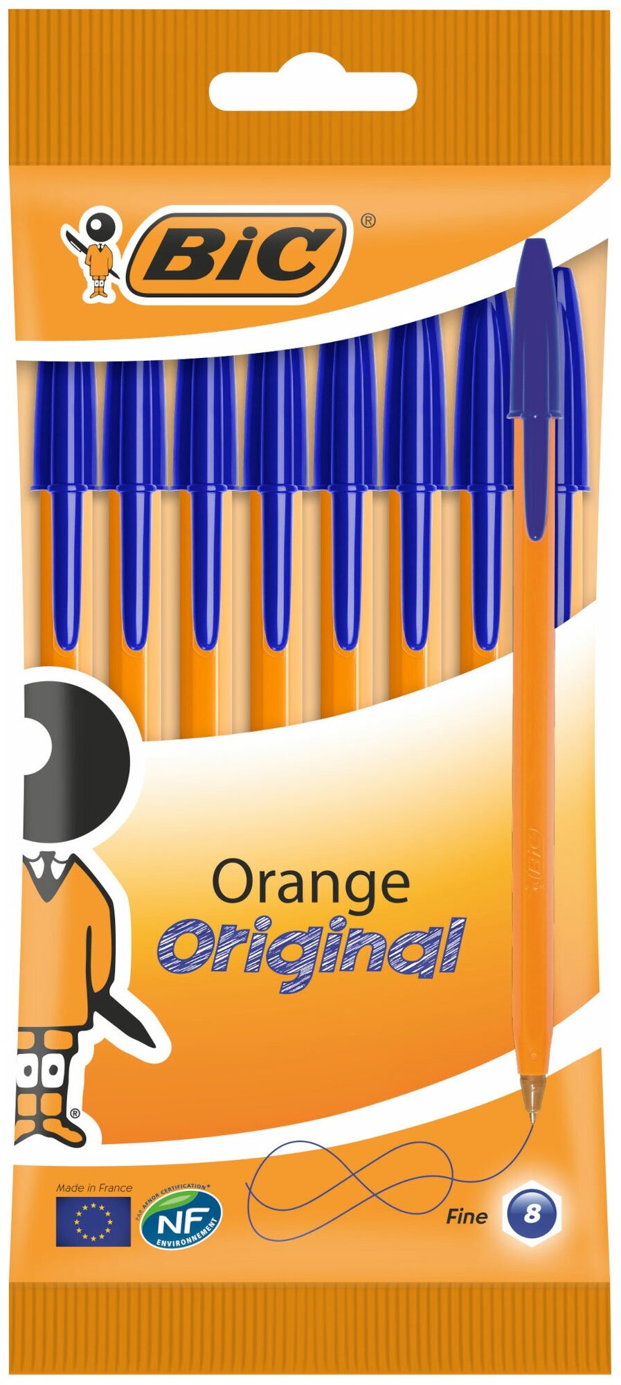 Шариковая ручка для письма синяя тонкая BIC Orange Fine пишущий узел 08 мм письменный набор из 8 шт