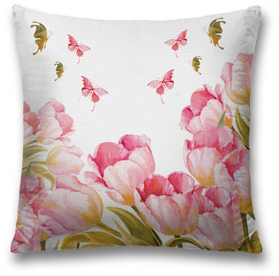 Наволочка декоративная на молнии, чехол на подушку JoyArty "Бабочки над тюльпанам" 45х45 см