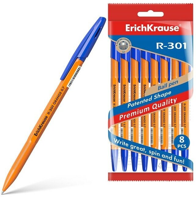 Набор ручек шариковых 8шт ErichKrause R-301 Orange Stick 0.7мм, цвет чернил синий. в пакете 9560176