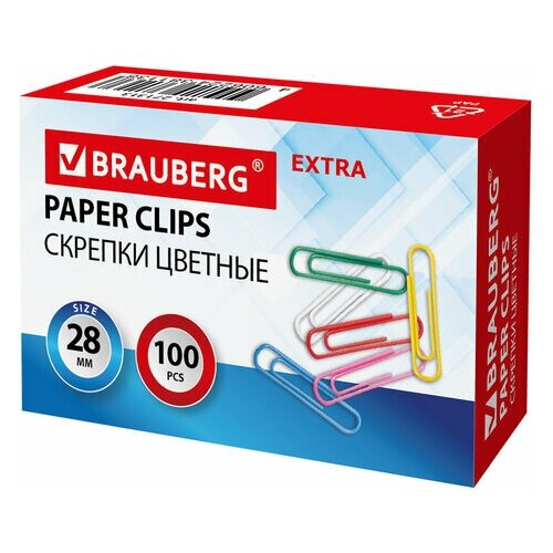 Скрепки EXTRA BRAUBERG 28 мм цветные 100 штук, 271313 - 20 шт.