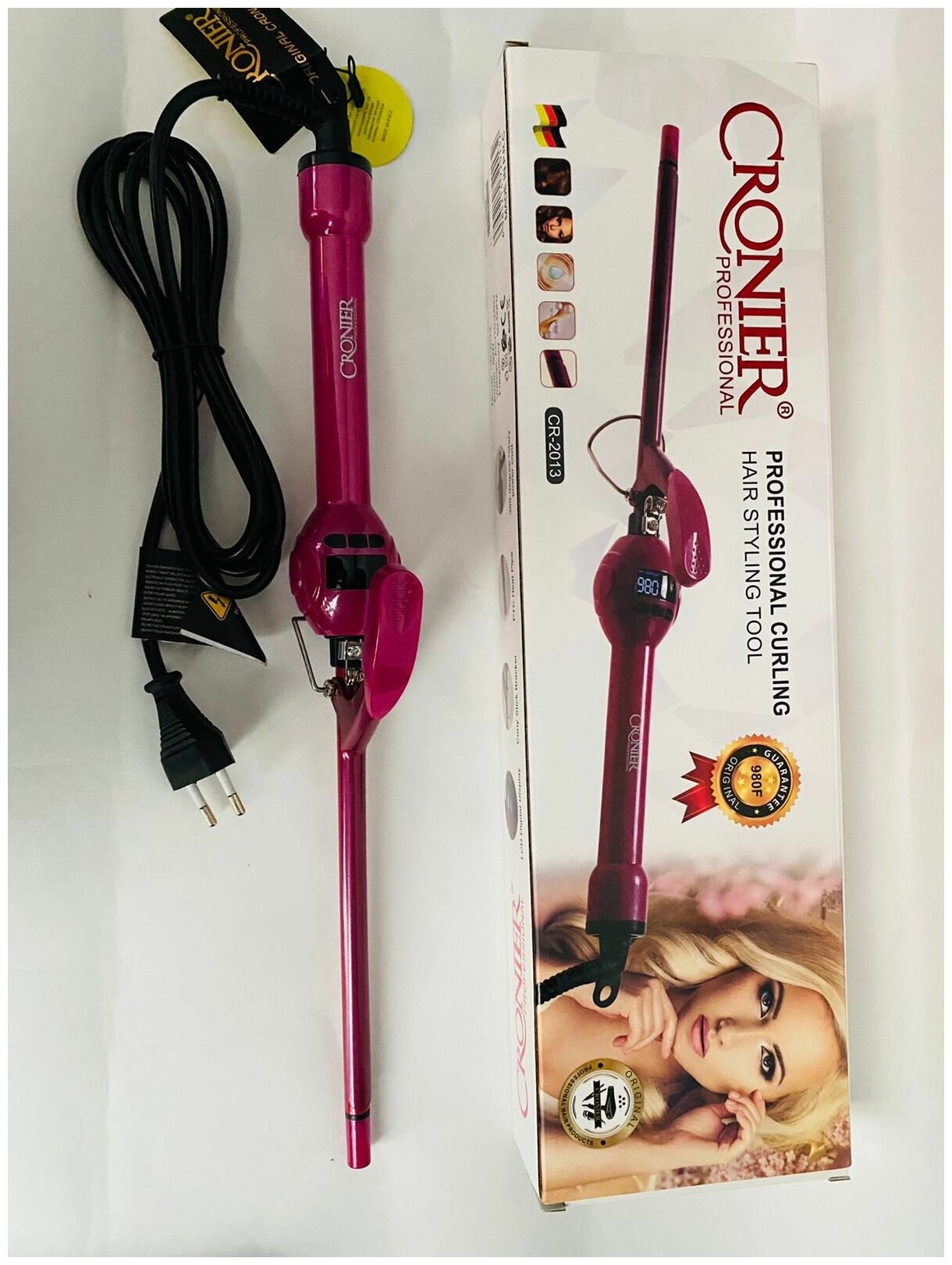 Профессиональная плойка Cronier cr-2013 для афро кудрей 9 мм для волос ярко-розовая с турмалиновым покрытием и ЖК-дисплеем фуксия
