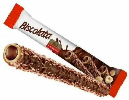 Вафельные трубочки "Biscolata" с молочным шоколадом и ореховой начинкой 28гр* 12 шт.