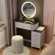 Небольшой туалетный столик с узкой тумбой и зеркалом с подсветкой (серый с черной столешницей 70 см + пуф + зеркало)
