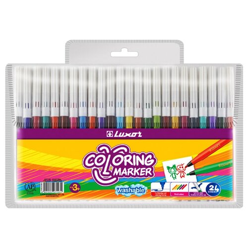 Набор фломастеров 24 цвета Luxor Coloring (линия 1мм, смываемые) пвх-упаковка (6101/24 WT), 12 уп.