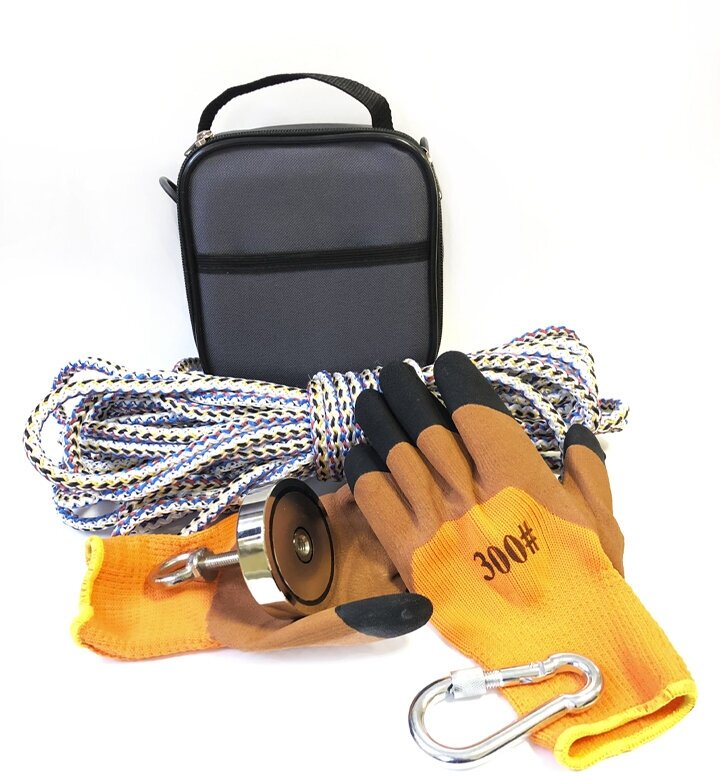 Поисковый набор F100 (односторонний магнит с.ц. 100кг, веревка, сумка, перчатки) + карабин в подарок
