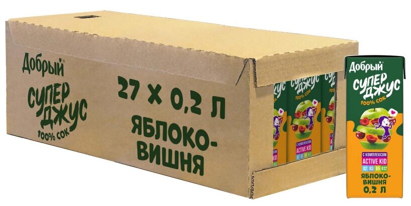 Сок Добрый Яблоко-Вишня 0.2 л тетрапак упаковка 27 штук - фотография № 1