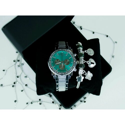 фото Наручные часы подарочный набор женские, браслет, кварцевый механизм, регулируемый ремешок, серебро/зеленый, серебряный нет бренда