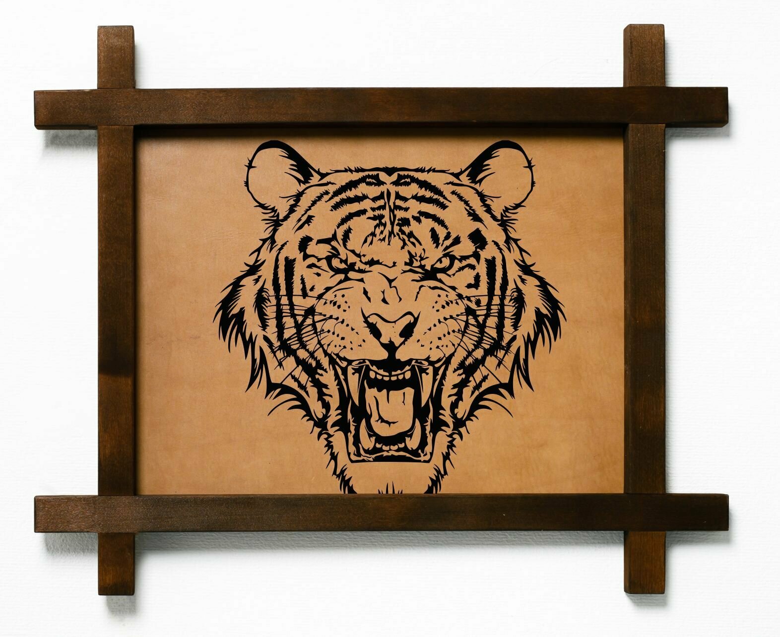 Картина на натуральной коже "Тигр", интерьерная, холст для украшения и декора на стену кухни гостиной детской комнаты спальни в деревянной рамке