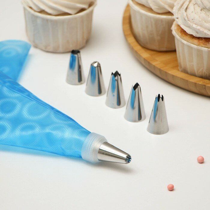 фото Набор кондитерский Доляна «Хоста», 8 предметов: мешок кондитерский 27×15 см, 6 насадок