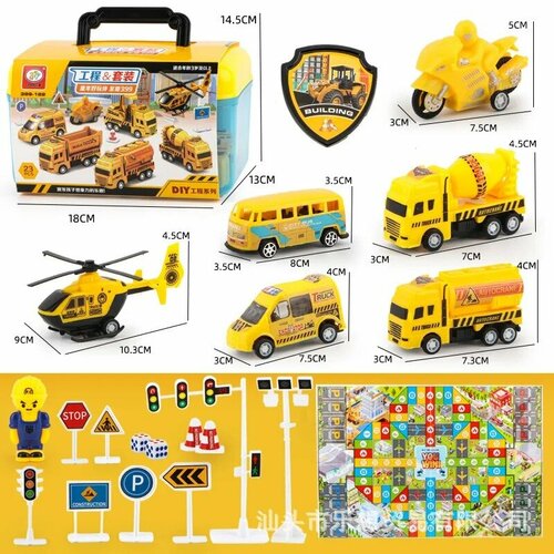 Игровой набор /Спецтехника/ в чемод 18*14,5*13см, комплект:4маш,1верт,1мотоц,1фигурка, знаки дор движ