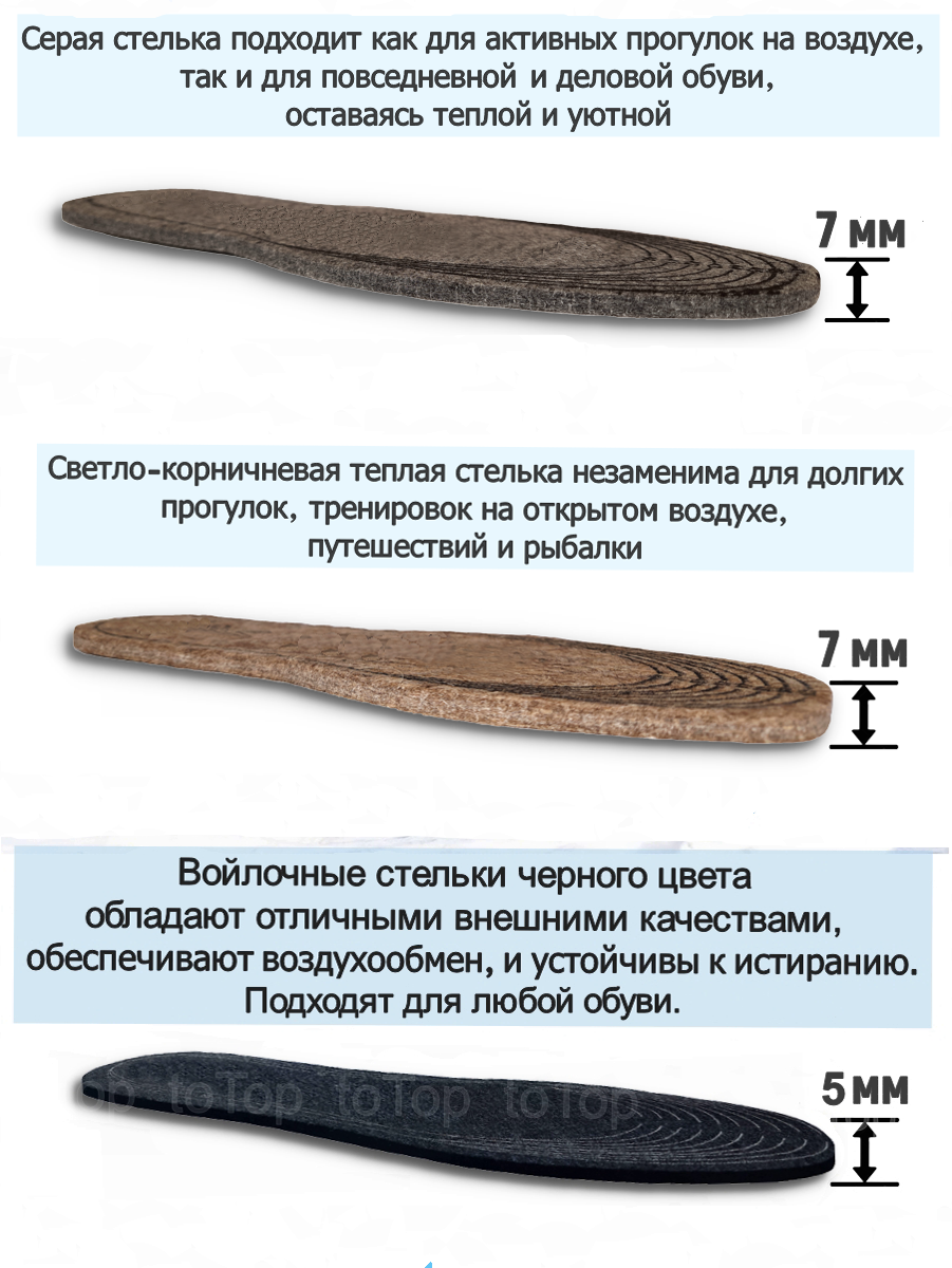 ToTop/ Стельки войлочные, зимние, теплые, толстые и тонкие, натуральные, набор, размер 35,36,37,38,39,40,41,42,43,44,45