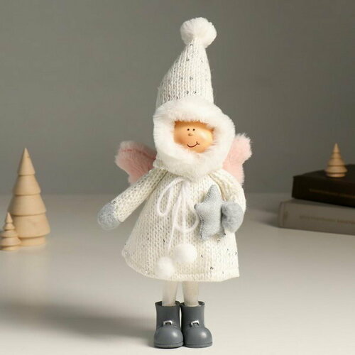 Кукла интерьерная Ангелочек Еся в белом вязаном платье, с капюшоном-колпаком 34 см