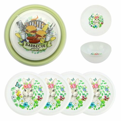 Набор пластиковой посуды ND Play "Кроль-Вилль", Цветочная Зая, в миске 3,2 л с крышкой, 4 тарелки, 4 миски (307141)
