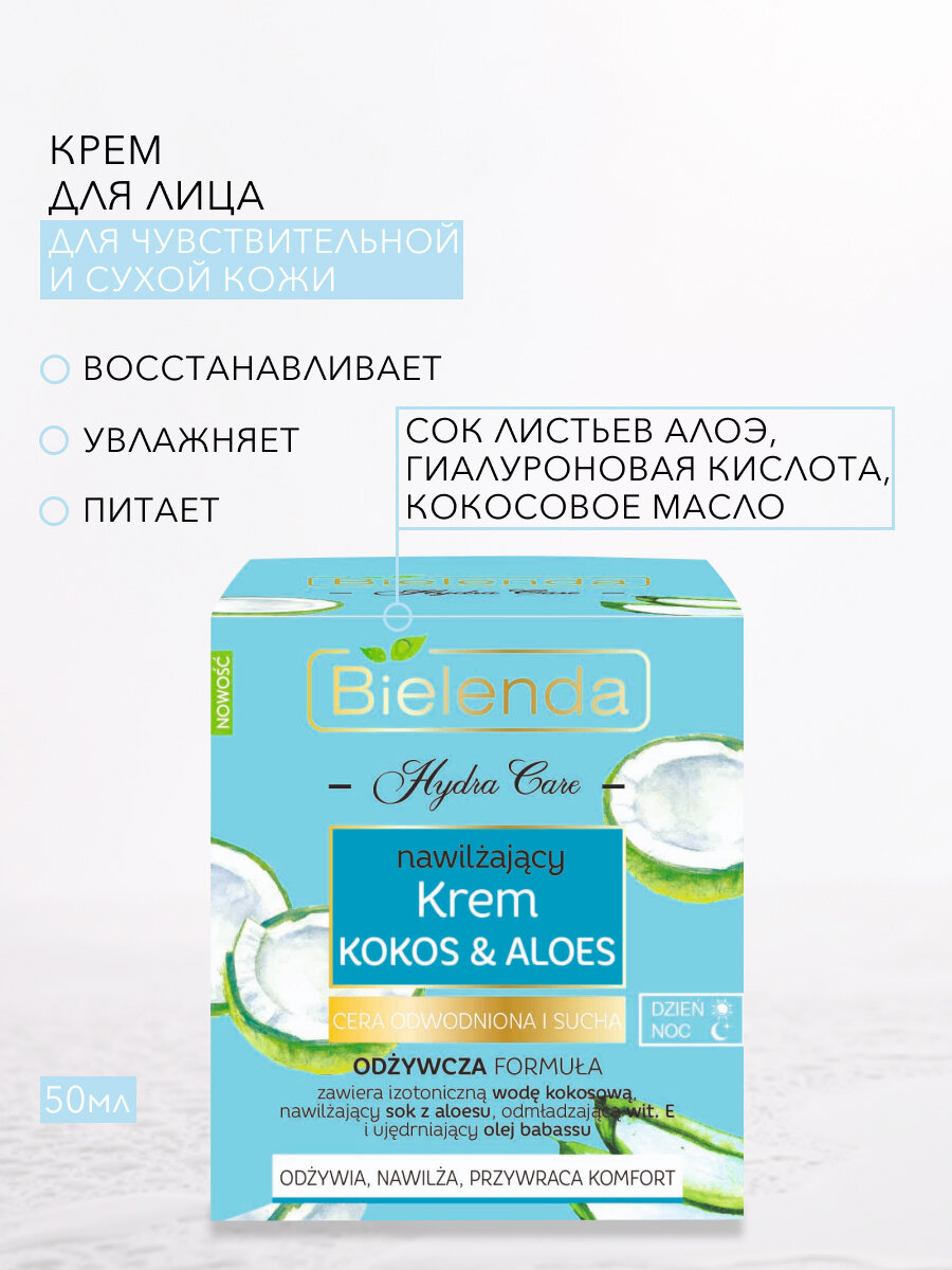 HYDRA CARE Увлажняющий крем для лица Кокос и Алоэ для сухой и чувствительной кожи 50мл