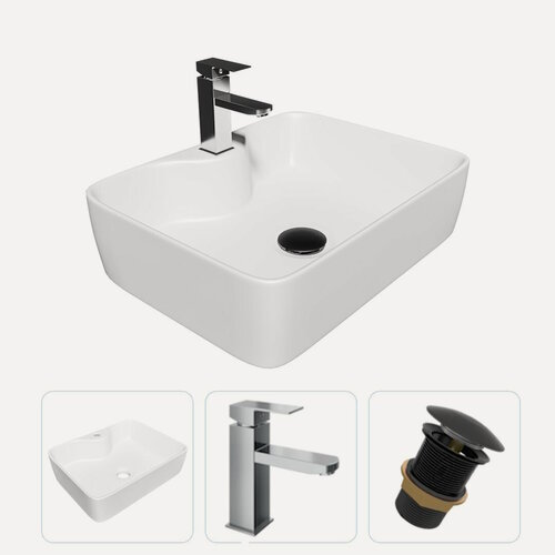 Изображение товара Раковина накладная для ванной Teymi Helmi S 48 в комплекте смеситель хром и донный клапан клик-клак без перелива черный F01637