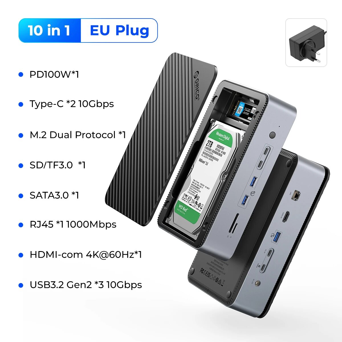 Док-станция ORICO 10 в 1 с корпусом для SSD и HDD, EU Plug