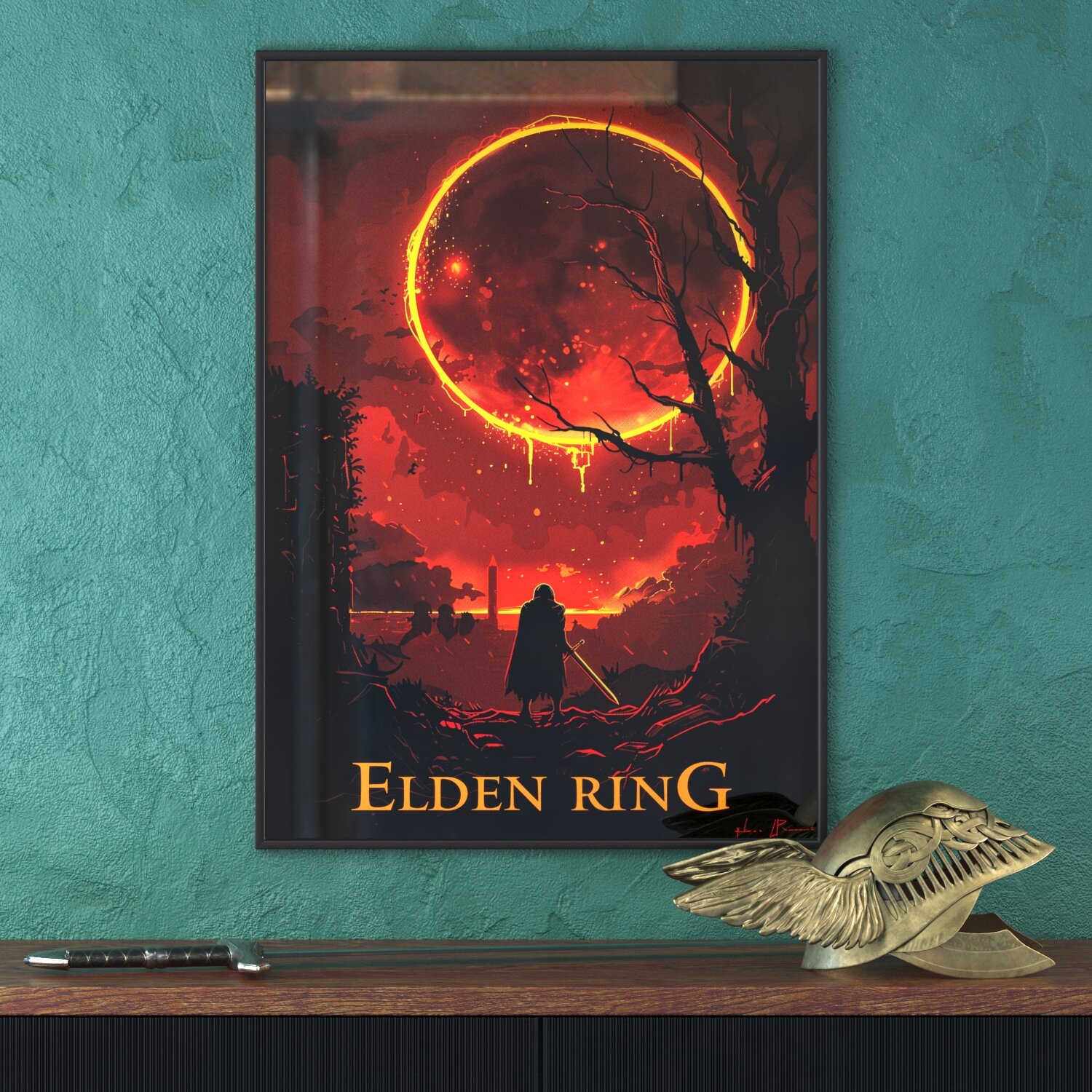 Постер в рамке на стену DigitalRazor Elden Ring Edition Pixel Red 430x600mm, красный, желтый