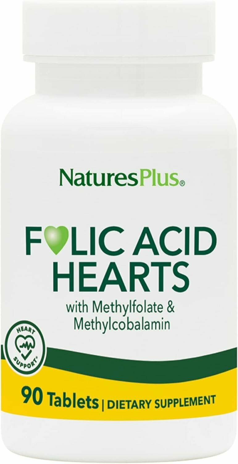 Natures Plus, Folic Acid Hearts с витамином B6 и витамином B12 (в виде метилкобаламина), 90 таблеток