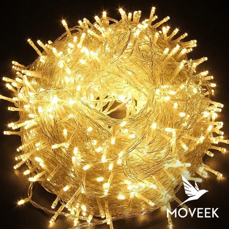 Электрогирлянда теплый цвет интерьерная 10м нить. Светодиодная LED новогодняя гирлянда 100 ламп, питание от сети 220в с защитой от влаги IP44. — фото 1