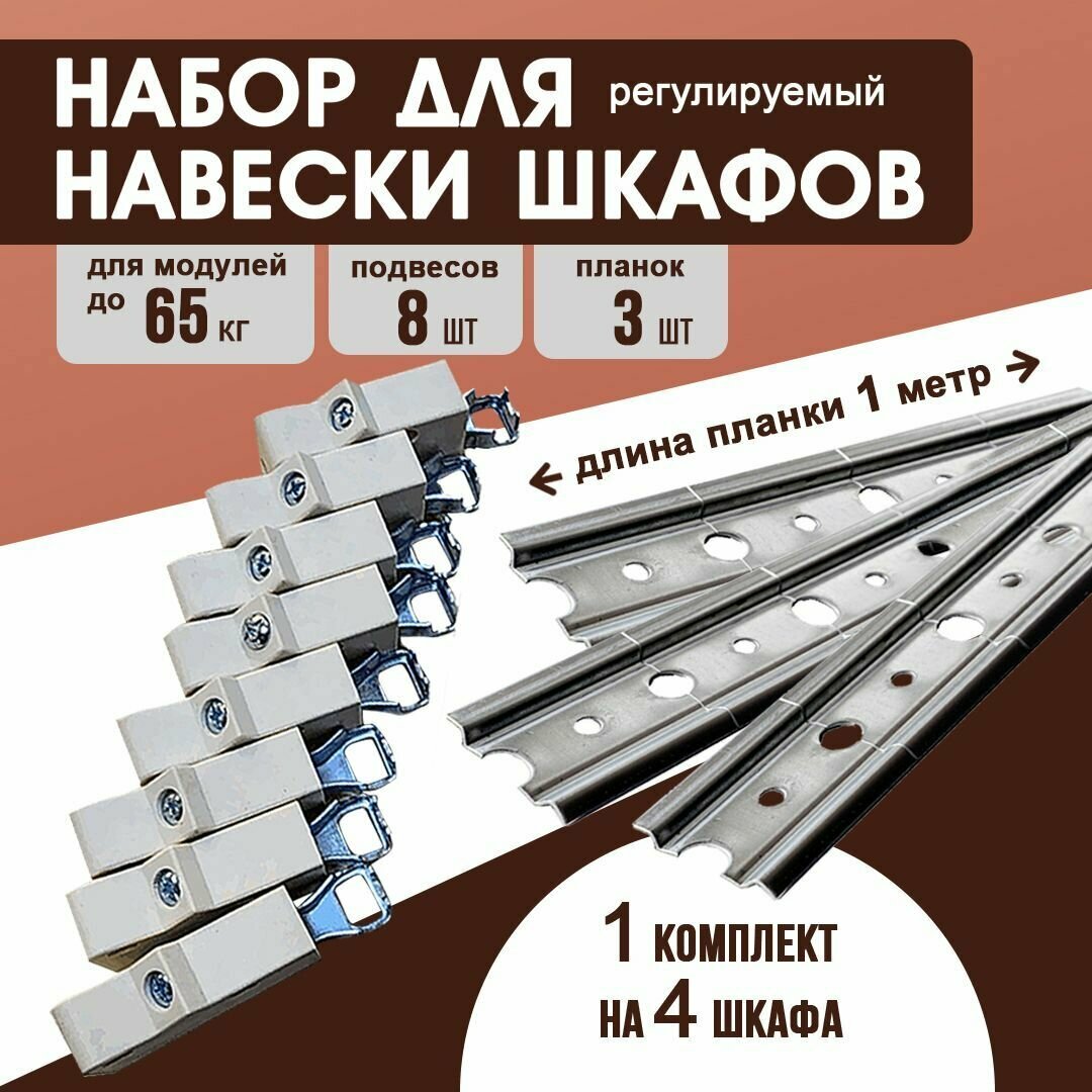 Набор для навески кухонных шкафов, шина для подвеса длина 1000 мм-3 шт. + навесы регулируемые универсальные (белые)-8 шт
