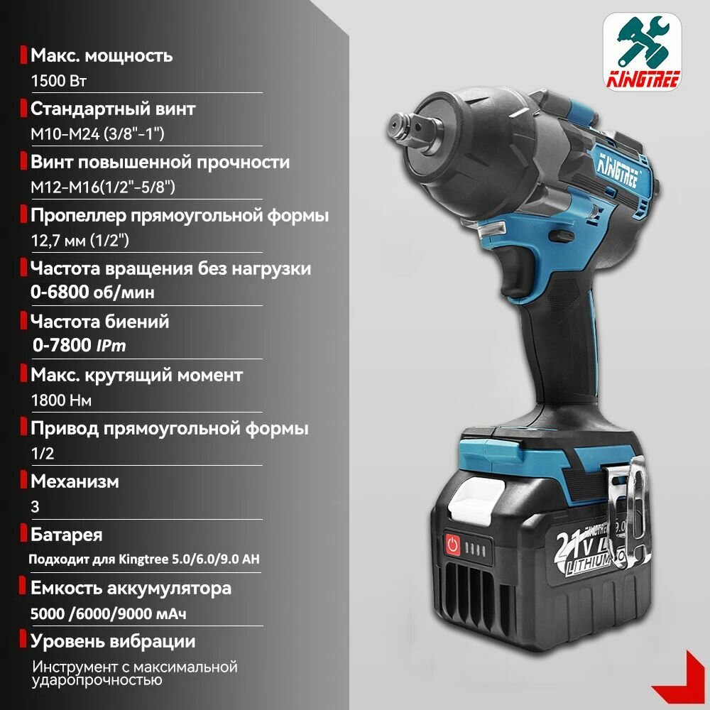 Гайковерты Аккумуляторные Kingtree Tool 1800N. m Бесщеточный Электрический Ударный Гайковерт 2-Аккумулятора 9,0 Ач , 4-гнездом для гайки