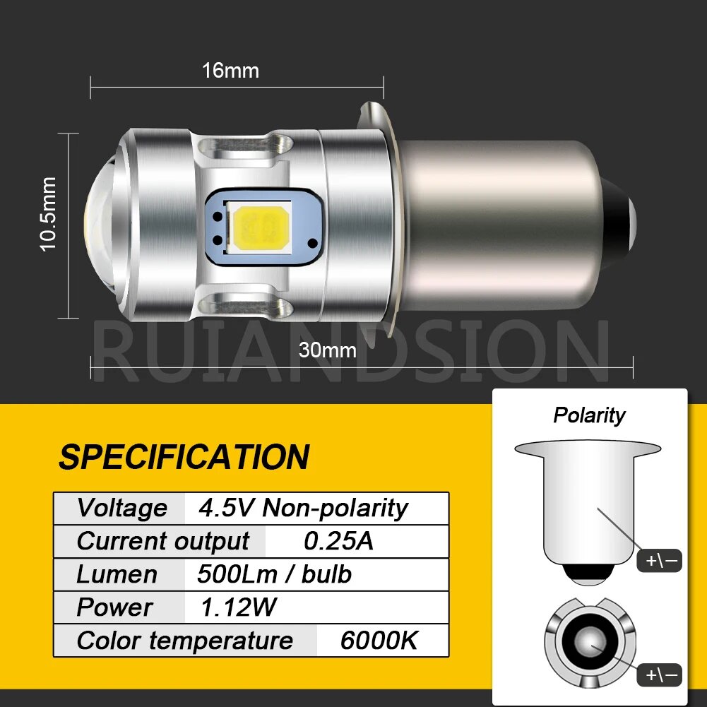 RUIANDSION 1 шт. P13.5S PR2 9 мм лампа 2D 3D 4D Maglite фонарик сменный светодиодный 6000K 4300K 3V 6V 4.5V 2835SMD 500Lm неполярный P13.5S 4.5V 4300 К