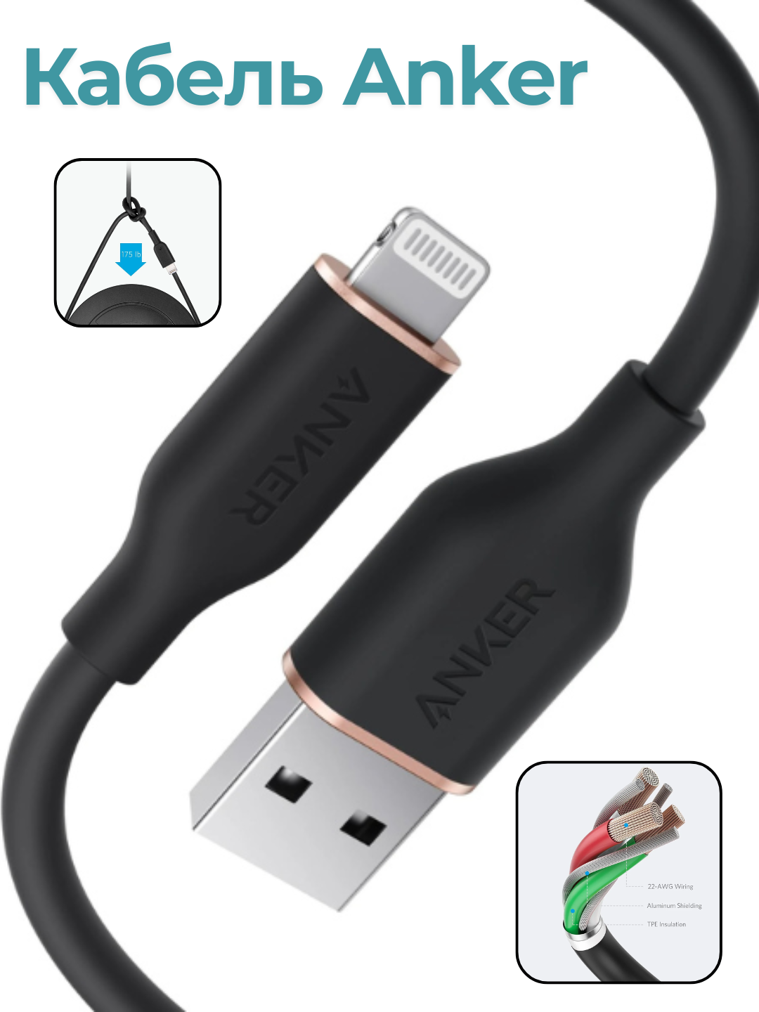 Кабель Anker PowerLine II, USB-A-Lightning, MFi, 0,9 м, черный