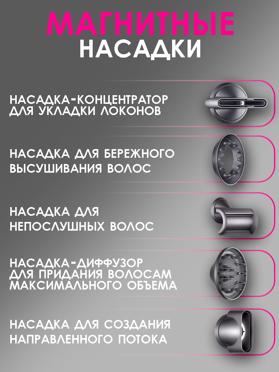 Профессиональный фен для волос Super Hair Dryer, 3 режима, 5 магнитных насадок, ионизация воздуха - фотография № 3