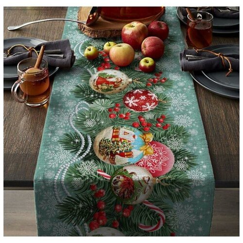 фото Дорожка на стол из рогожки "всё себе"; новогодние шары; размер: 50 х 145