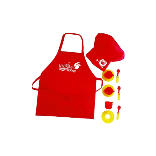 Игровой костюм повара детский карнавальный с набором игрушечной посуды Мега Тойс Кондитер 11 предметов, кухня игровая для чаепития