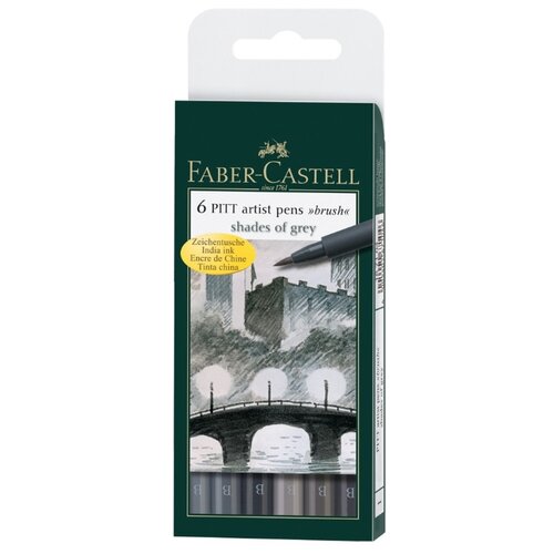 фото Faber-Castell набор капиллярных ручек Pitt Artist Pens brush shades of grey 6 оттенков серого (167104), разноцветный цвет чернил