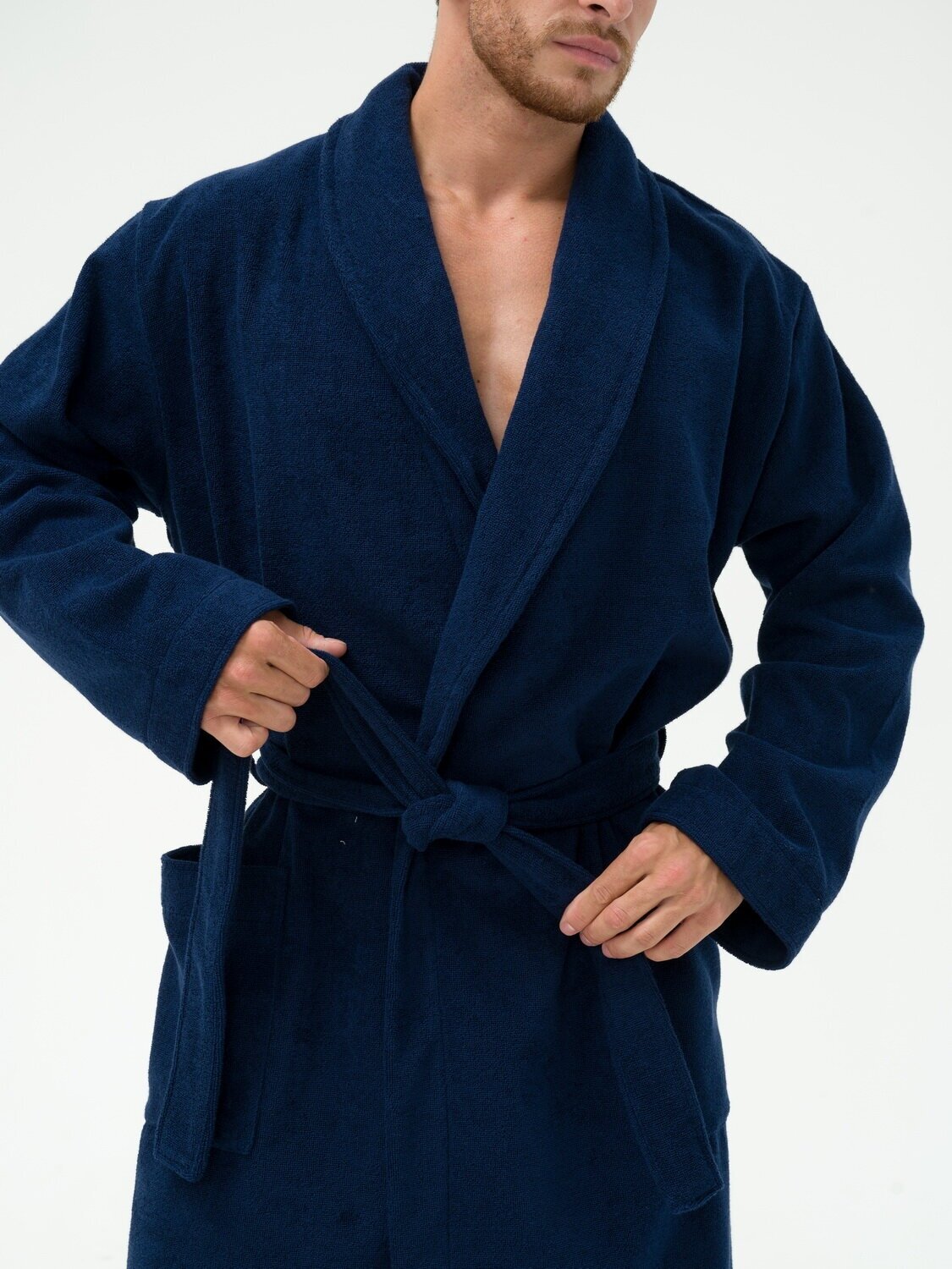 Мужской махровый халат с шалькой, темно-синий - фотография № 8