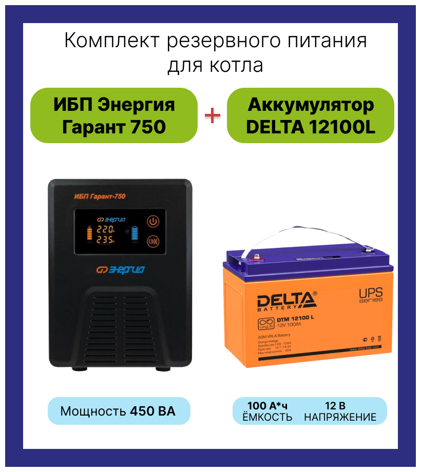 Интерактивный ИБП Энергия Гарант 750 в комплекте с аккумулятором Delta DTM 12100L 450 Вт/100 А*Ч