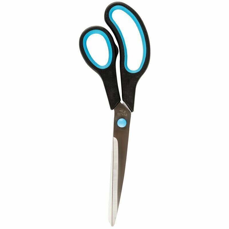 Ножницы 24см пластиковые прорезиненные ручки, чёрные с синими вставками