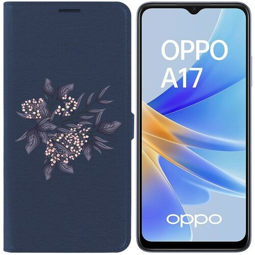 Чехол-книжка Krutoff Eco Book для Oppo A17k Розовые бутоны (синий)