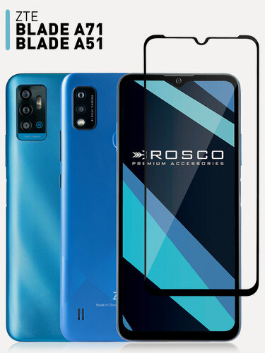 Изображение товара Защитное стекло Rosco на ZTE Blade A51 и A71 (Зте Блейд А51 и А71), с чёрной рамкой, 1 шт