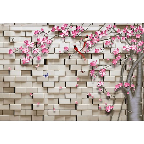 Моющиеся виниловые фотообои GrandPiK Стена из белого кирпича и сакура, 400х270 см