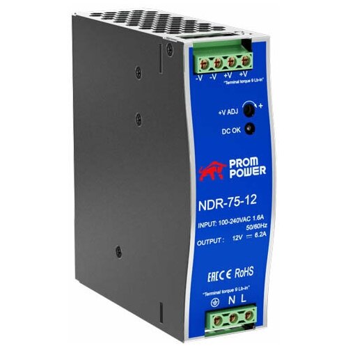 Источник питания Prompower NDR-75-12, на выходе 12 В DC, 6.2 А, 75 Вт. Входное 85-264 В AC (120-370 В DC) источник питания prompower ndr 480 48 на выходе 48 в dc 10 а 480 вт входное 85 264 в ac 120 370 в dc