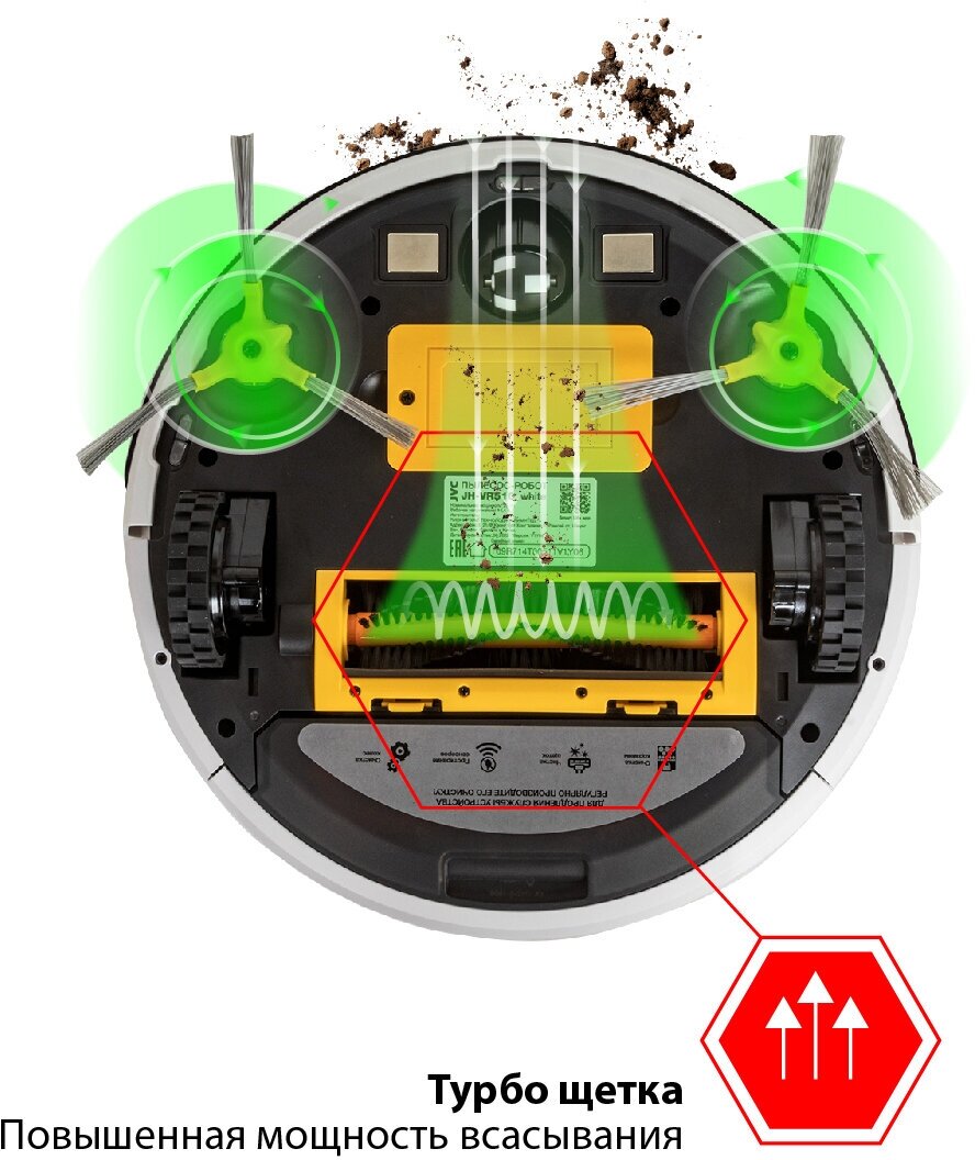 Робот - пылесос JVC 2 в 1 сухая и влажная уборка 4 режима турбо щетка HEPA фильтр голосовой помощникартфон-управление Smart life Wi-Fi
