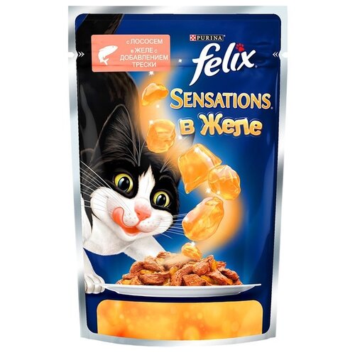  корм для взрослых кошек Felix Sensations, с лососем, с добавлением трески 2 шт. х 85 г (кусочки в желе)