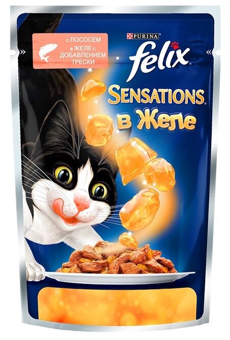 Влажный корм Felix® Sensations® для взрослых кошек, с лососем в желе с добавлением трески, 26шт. По 85 г. - фотография № 1