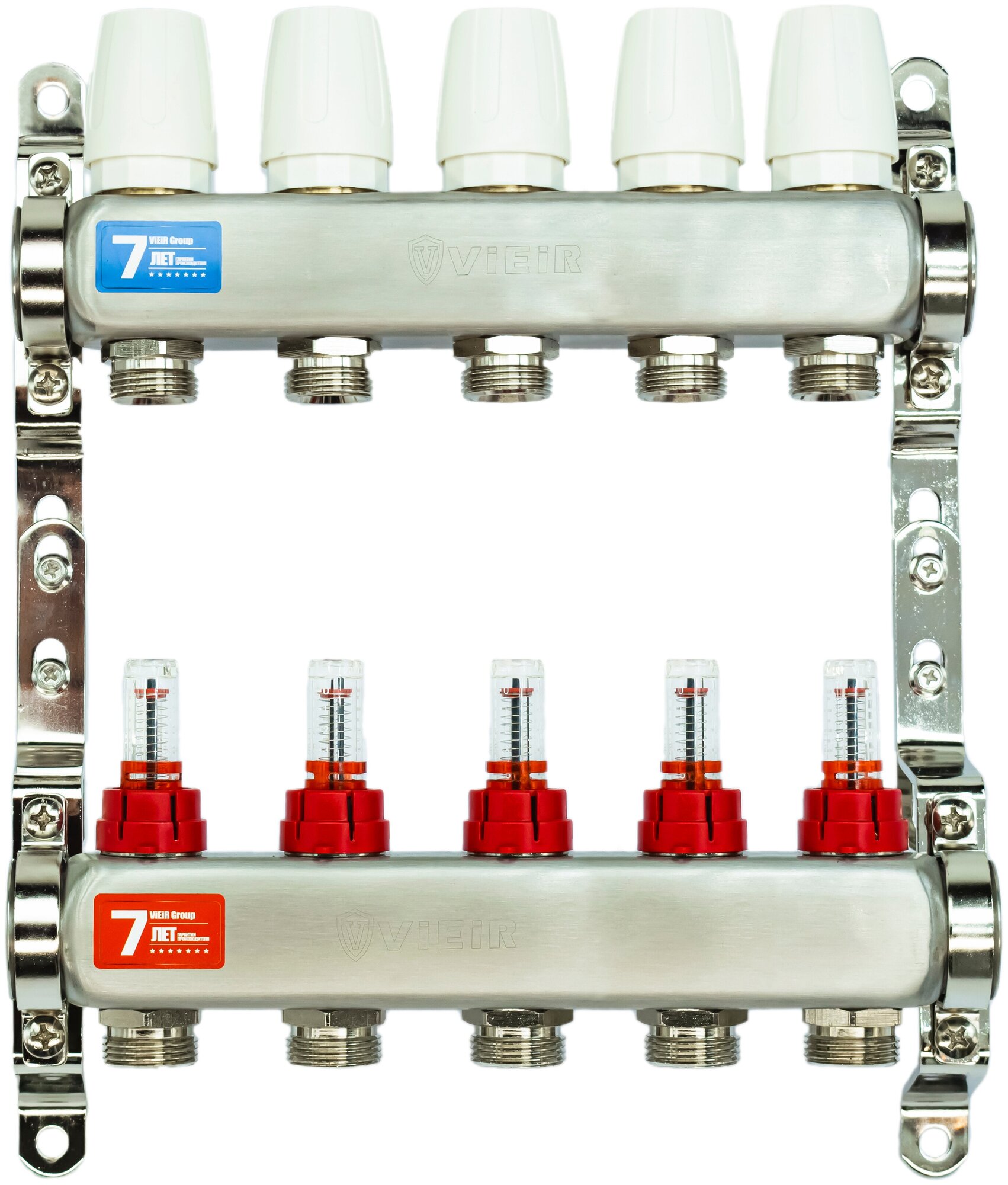 Коллектор теплого пола 5 выхода с расходомерами 1"x3/4" "ViEiR" Проходная коллекторная группа 5 контура