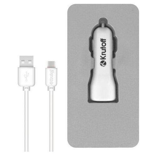 сзу krutoff ch 07c 2xusb 2 4a кабель usb type c черный Krutoff / Автомобильное зарядное устройство (АЗУ) 2xUSB+ кабель USB Type-C/ адаптер в прикуриватель/ автотовары (white)