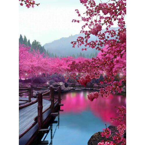 Моющиеся виниловые фотообои Цветущая сакура у воды. Япония, 200х270 см