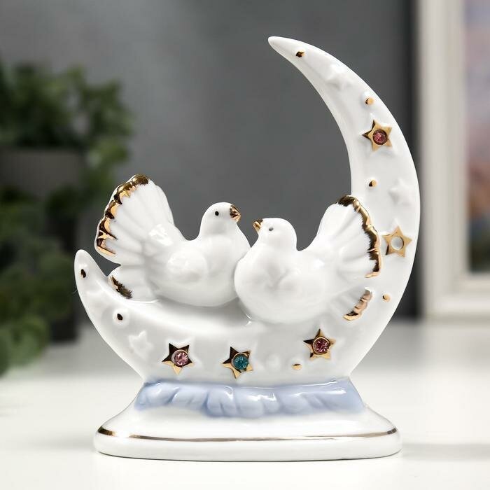 Сувенир керамика "Белые голуби с месяцем" с золотом стразы 12 см